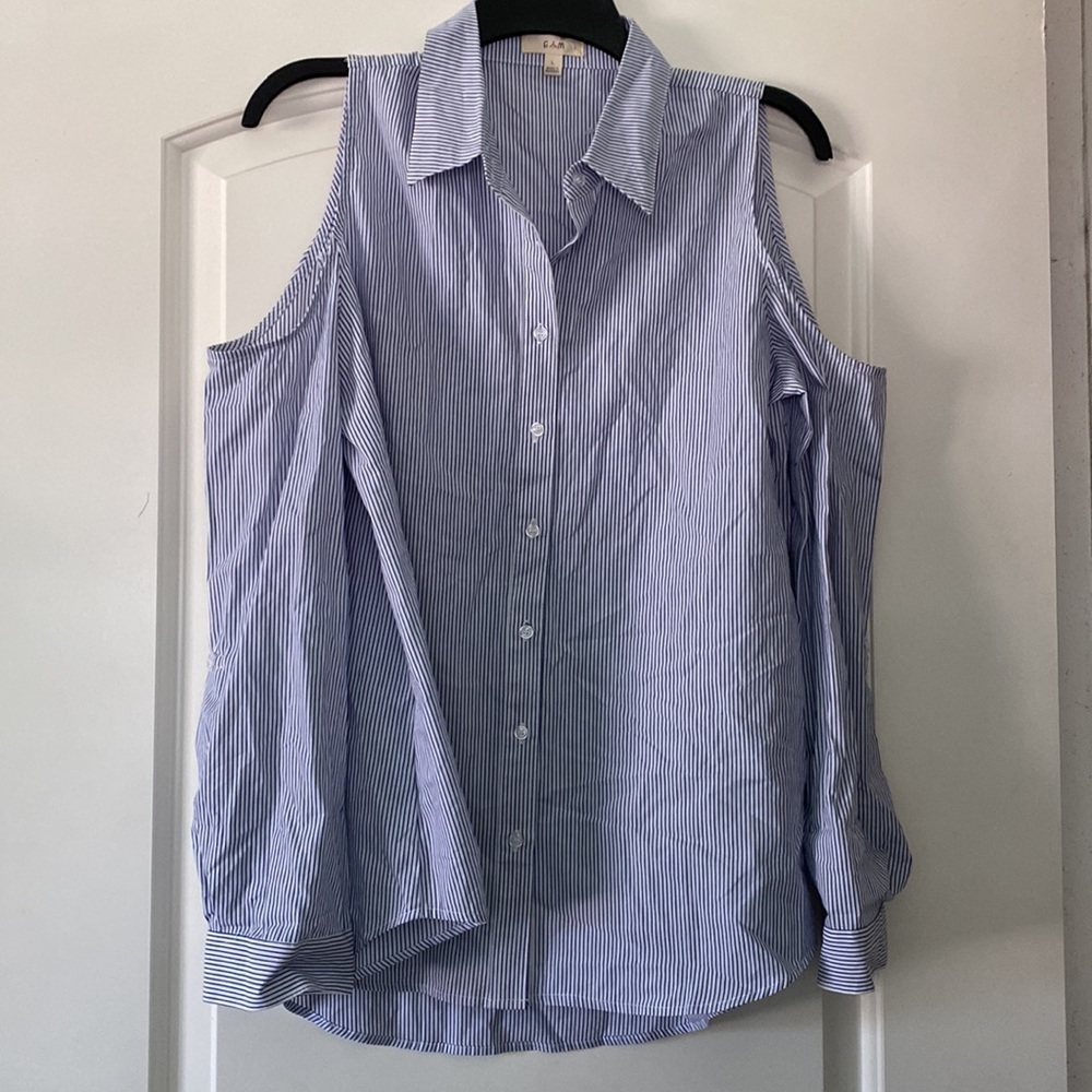 NWOT E&M White/blue striped long sleeve blouse size L